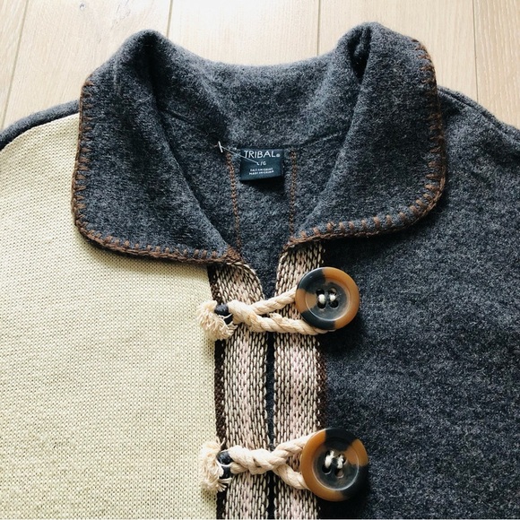 Tribal Wool Blend Jacquard Knitted Jacket in Grey & Cream Size L - Picture 7 of 15